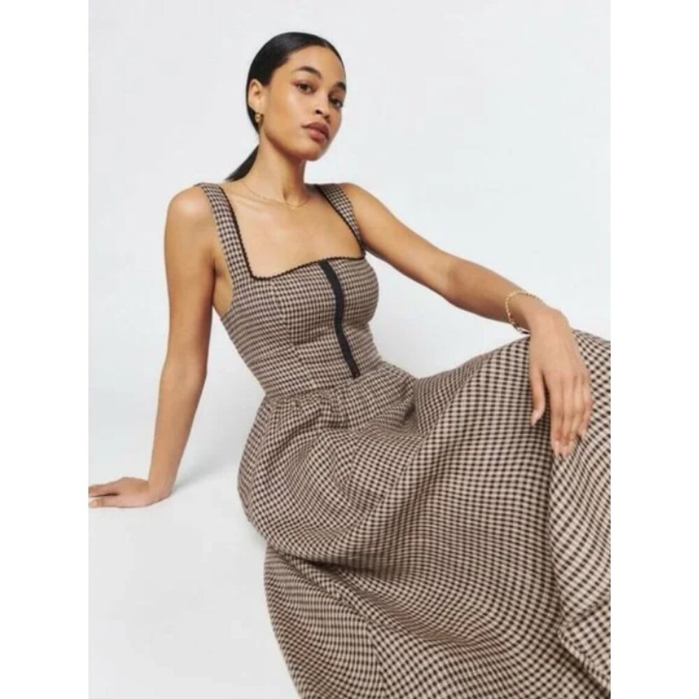 Reformation Tagliatelle Linen Dress in Tartine Check Brown